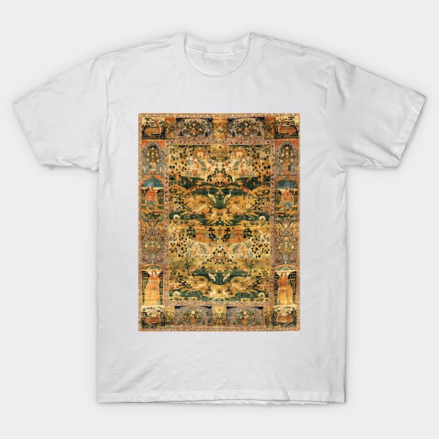 ANIMALS AND HUMAN FIGURES WITH FLOWERS Flemish Style Persian Tapestry ,Yellow Green Blue Floral T-Shirt by BulganLumini